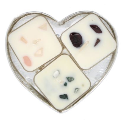 Coffret Coeur de trois mini bougies parfumées ornées de pierres semi-précieuses